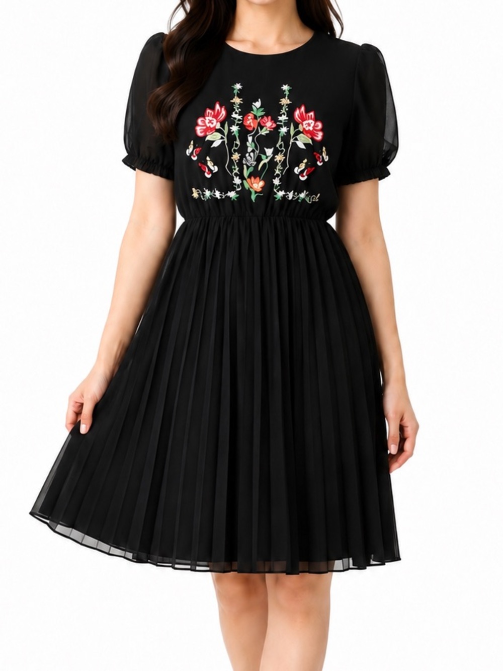 Black Floral Embroidered Pleated Dress